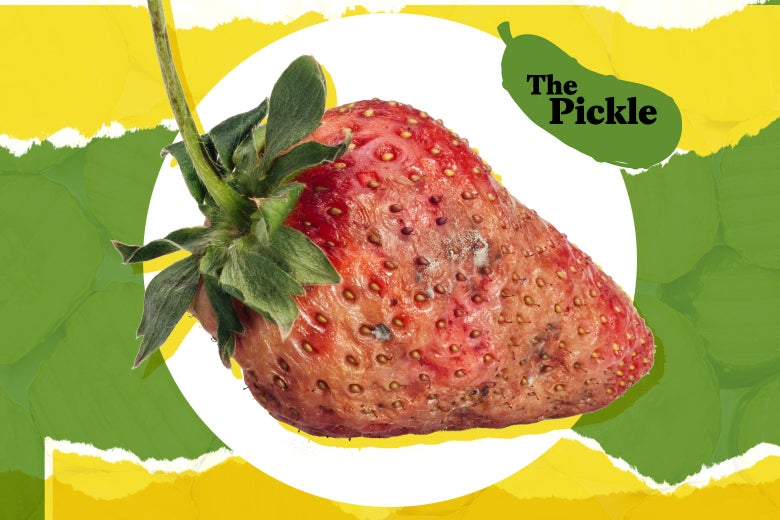 Strawberry on plate with the Pickle logo.